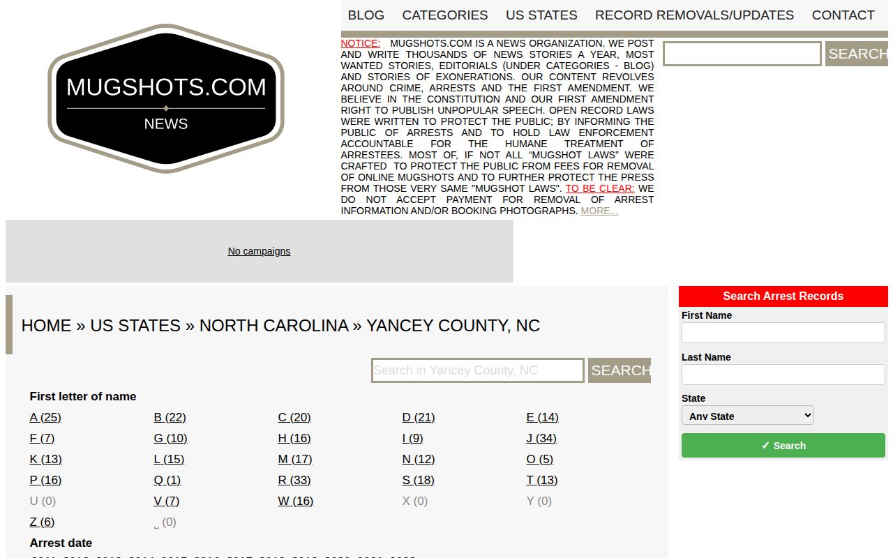 Unofficial Yancey County mugshot index source page